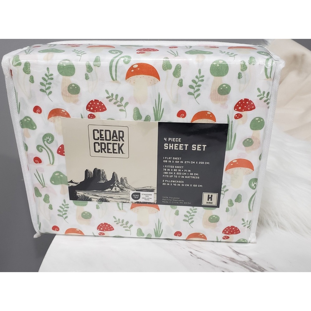 NEW King Size 4 PIECE SHEET SET MUSHROOM GARDEN BOTANICAL WHIMSICAL GNOME PLANTS
